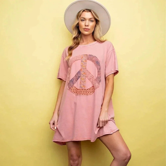 New! Easel Peace Patch Washed Cotton Jersey T-Shirt Tunic Dress - Picture 1 of 6